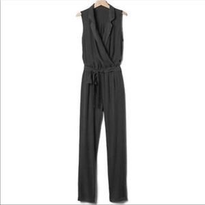 Gap Charcoal Black Jumpsuit Soft High Neck Collared Sleeveless Tie Waist Linen